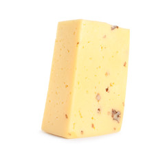 Piece of delicious cheese with nuts on white background