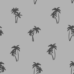 Fototapeta na wymiar Half-drop seamless repeat pattern with ditsy charcoal gray palm tree silhouettes. Men's, boys, tropical beach, shirt print and more.
