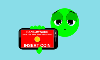 Illustration of emoticon showing Ransomware on the mobile phone screen requesting that he pay for the ransom. Also known as Rogueware or Scareware. Text insert coin. Expression of sadness.