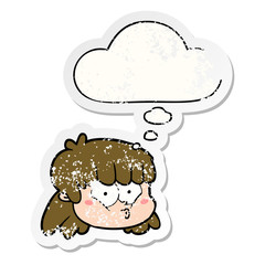 cartoon female face and thought bubble as a distressed worn sticker