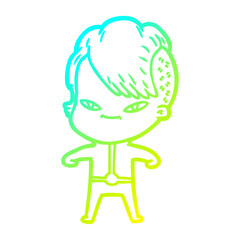 cold gradient line drawing cute cartoon girl with hipster haircut
