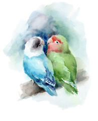 Lovebirds Couple sitting on the branch Green Blue Watercolor Bird Illustration - 276028895