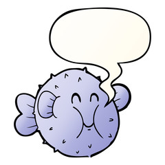 cartoon puffer fish and speech bubble in smooth gradient style