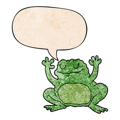 cartoon frog and speech bubble in retro texture style