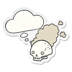 cartoon dusty old skull and thought bubble as a printed sticker
