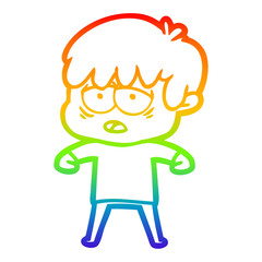 rainbow gradient line drawing cartoon exhausted boy