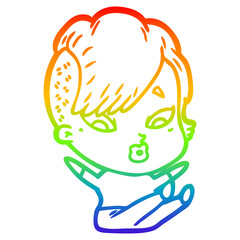 rainbow gradient line drawing cartoon surprised girl falling over