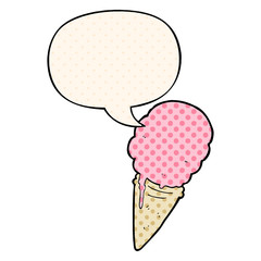 cartoon ice cream and speech bubble in comic book style