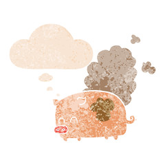 cartoon smelly pig and thought bubble in retro textured style