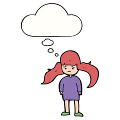 cartoon girl with long hair and thought bubble