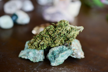 Cannabis and Crystals. Marijuana flower with healing crystal assortment. Citrine crystals. Medical...