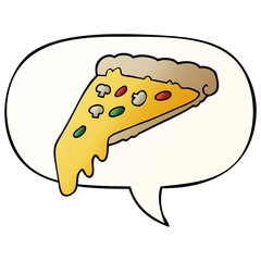 cartoon pizza slice and speech bubble in smooth gradient style