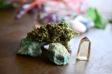 Cannabis and Crystals. Marijuana flower with healing crystal assortment. Citrine crystals. Medical...