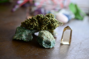 Cannabis and Crystals. Marijuana flower with healing crystal assortment. Citrine crystals. Medical...