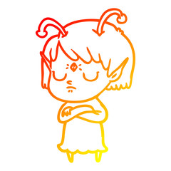 warm gradient line drawing cartoon alien girl