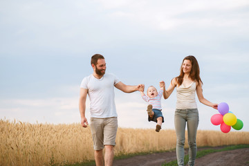 Happy family walking in the field. Mom, dad and son walk outdoors, parents holding the baby boy's hands. Childhood, parenthood, family bonds, marriage concept