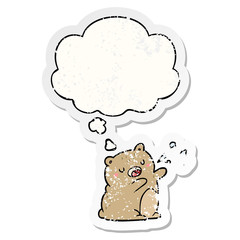 cartoon singing bear and thought bubble as a distressed worn sticker