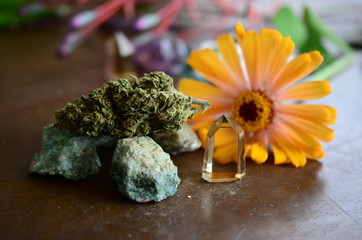Cannabis and Crystals. Marijuana flower with healing crystal assortment. Citrine crystals. Medical...