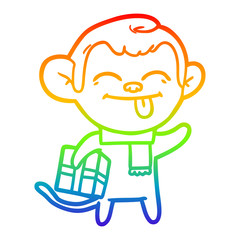 rainbow gradient line drawing funny cartoon monkey with christmas present