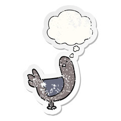 cartoon pigeon and thought bubble as a distressed worn sticker