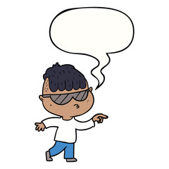 cartoon boy wearing sunglasses pointing and speech bubble