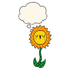 cartoon flower and thought bubble in comic book style