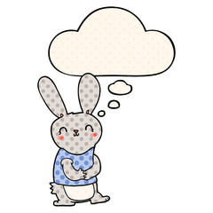 cute cartoon rabbit and thought bubble in comic book style