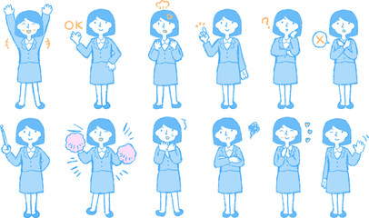 Pop Illustration of a Business woman face and pose set