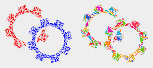 Gears mosaic icon of triangle elements which have various sizes and shapes and colors. Geometric abstract vector design concept of gears.