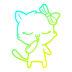 cold gradient line drawing cartoon cat with bow on head