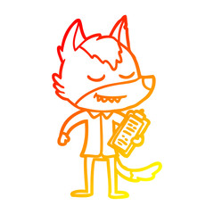 warm gradient line drawing friendly cartoon wolf with notes