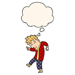 cartoon dancing man and thought bubble in comic book style
