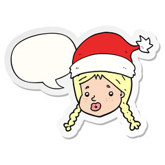 cartoon girl wearing christmas hat and speech bubble sticker