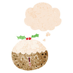 cute cartoon christmas pudding and thought bubble in retro textured style