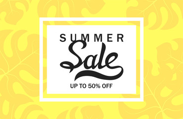 Layout banner with summer sale text lettering on tropical and jungle exotic leaves yellow background