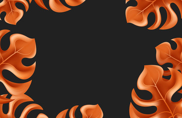 Tropical background with orange jungle leaves monstera on black background