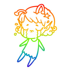 rainbow gradient line drawing cartoon crying alien girl