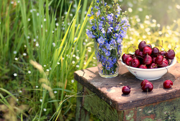 Sweet cherry berries on a white plate on a wooden table with lilac flowers, close up, still life