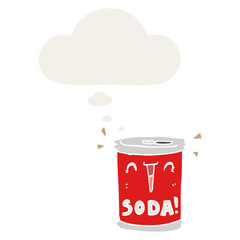 cartoon soda can and thought bubble in retro style