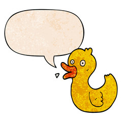 cartoon quacking duck and speech bubble in retro texture style