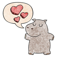 cartoon hippo in love and speech bubble in retro texture style