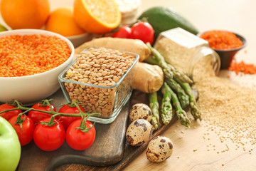 Different healthy food on table