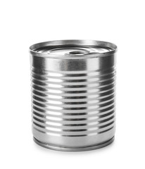 Tin can with food on color background