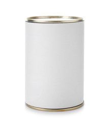 Tin can with food on color background