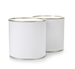 Tin cans with food on color background