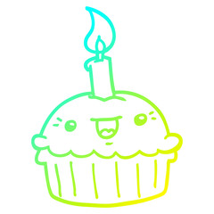 cold gradient line drawing cartoon cupcake with candle