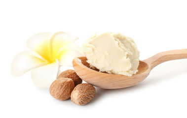 Fototapeta na wymiar Spoon with shea butter on white background