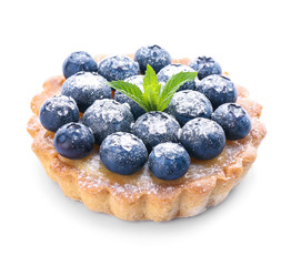 Tasty tart with blueberry on white background