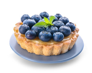 Tasty tart with blueberry on white background