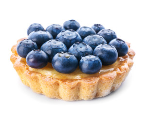 Tasty tart with blueberry on white background